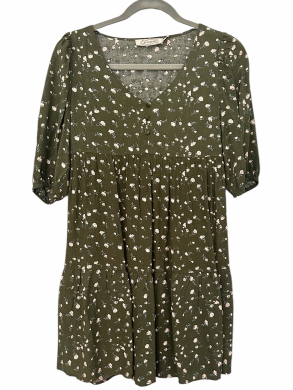 Propaganda Floral Ditsy Tiered Babydoll Mini Dress Puff Sleeve Olive S XXS